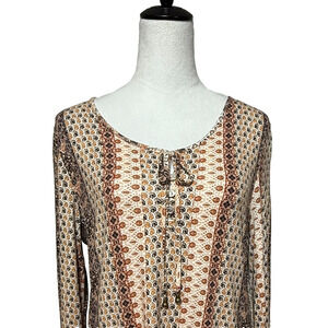 Rose + Olive Top Womens Large Brown‎ Cream Peasant Tasseled Ruffle Hem Boho